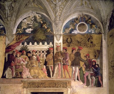 Marchese Ludovico Gonzaga III de Mantoue (règne 1444-78), sa femme Barbara de Brandebourg, enfants, courtisans et leur chien Rubino, de la Camera degli Sposi ou Camera Picta, 1465-74 (détail) - Andrea Mantegna